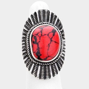 Natural Stone Red Tribal Metal Stretch Ring NWT